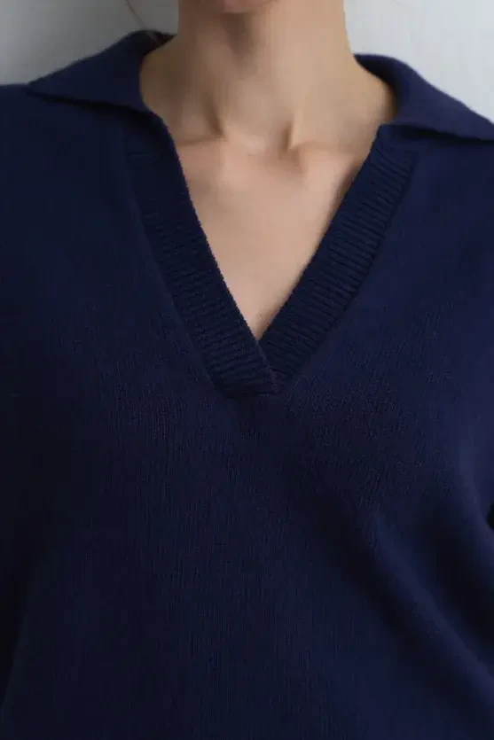 Polo Collar Wool Knit - Navy Blue - Gusto