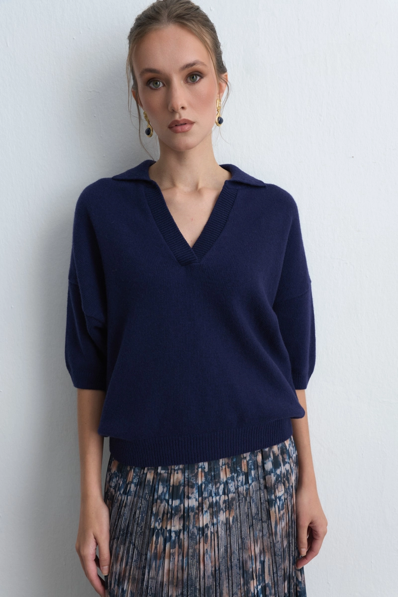 Polo Collar Wool Knit Navy Blue - 1