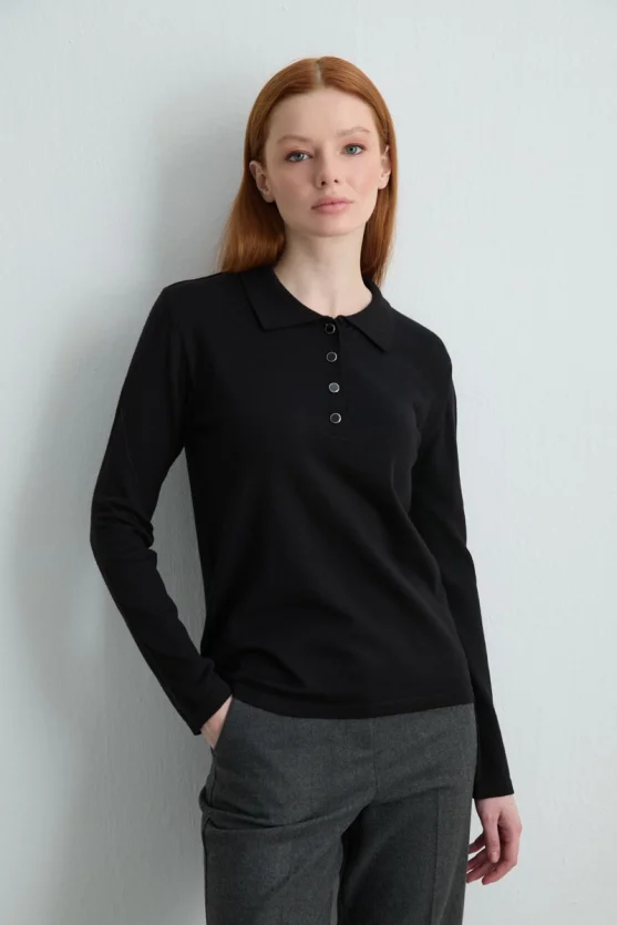 Polo Neck Buttoned Knit Blouse Black - 2