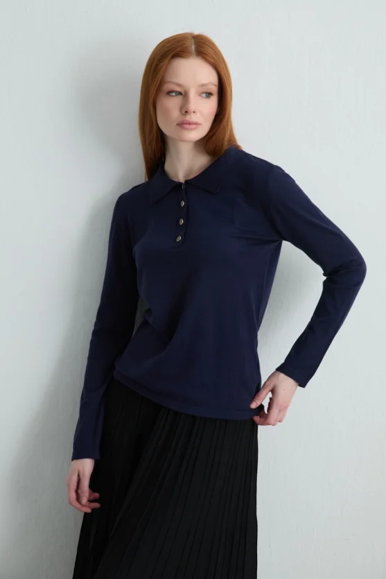 Polo Neck Buttoned Knit Blouse Navy Blue - 2