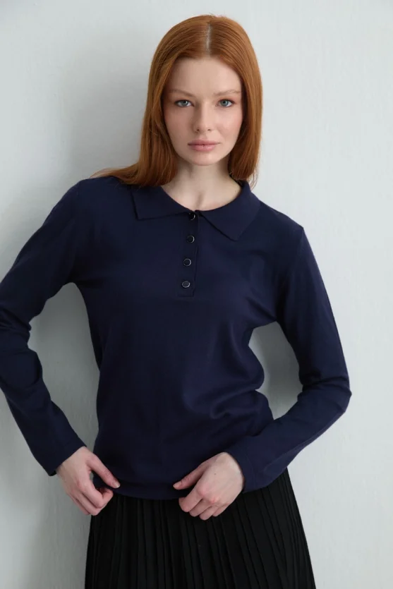 Polo Neck Buttoned Knit Blouse Navy Blue - Gusto