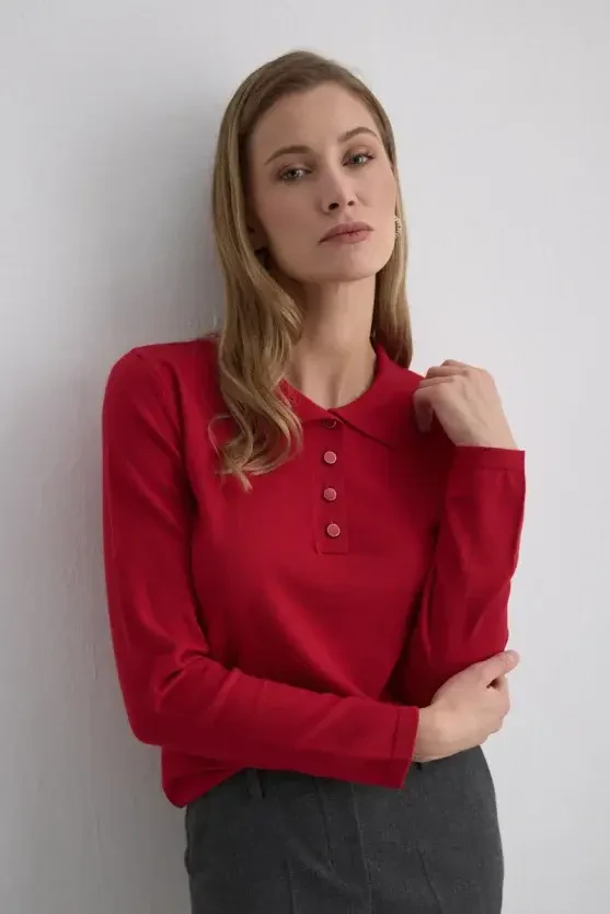 Polo-Neck Buttoned Knit Blouse - Red - 3