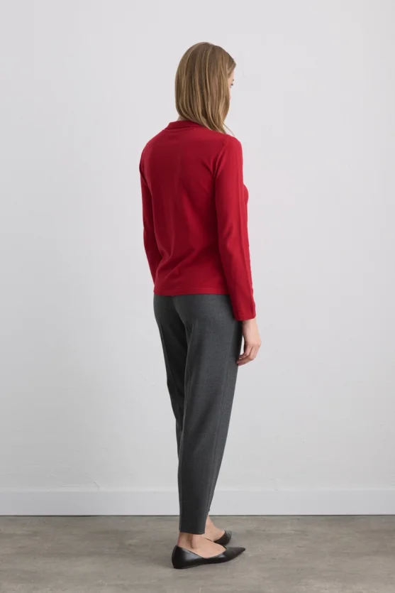 Polo Neck Buttoned Knit Blouse Red - 4