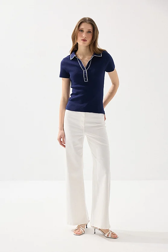 Polo Neck Embroidered Ribbed Cotton Blouse - Navy Blue - 2