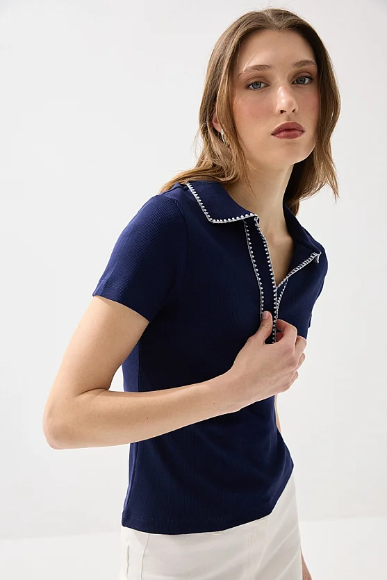 Polo Neck Embroidered Ribbed Cotton Blouse - Navy Blue - 4