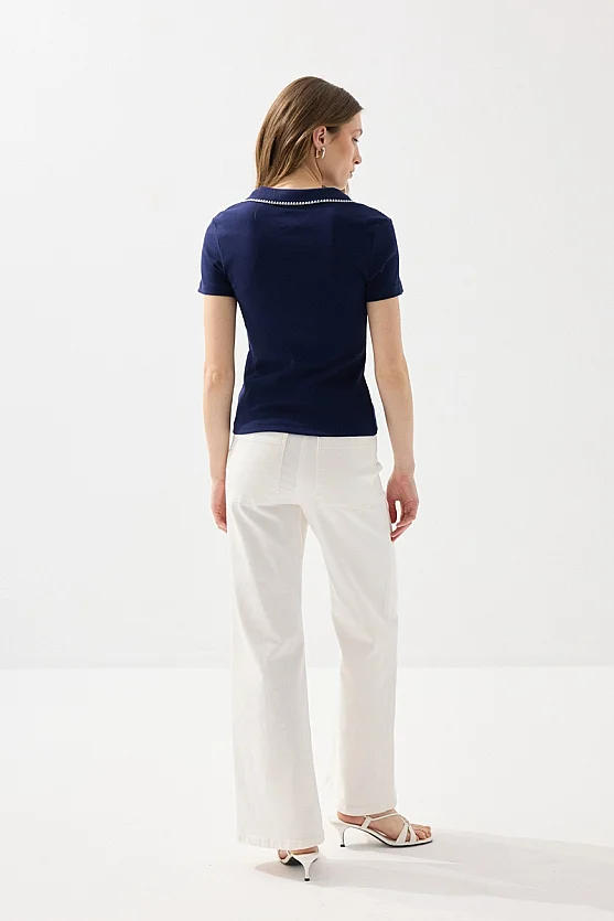 Polo Neck Embroidered Ribbed Cotton Blouse - Navy Blue - 6