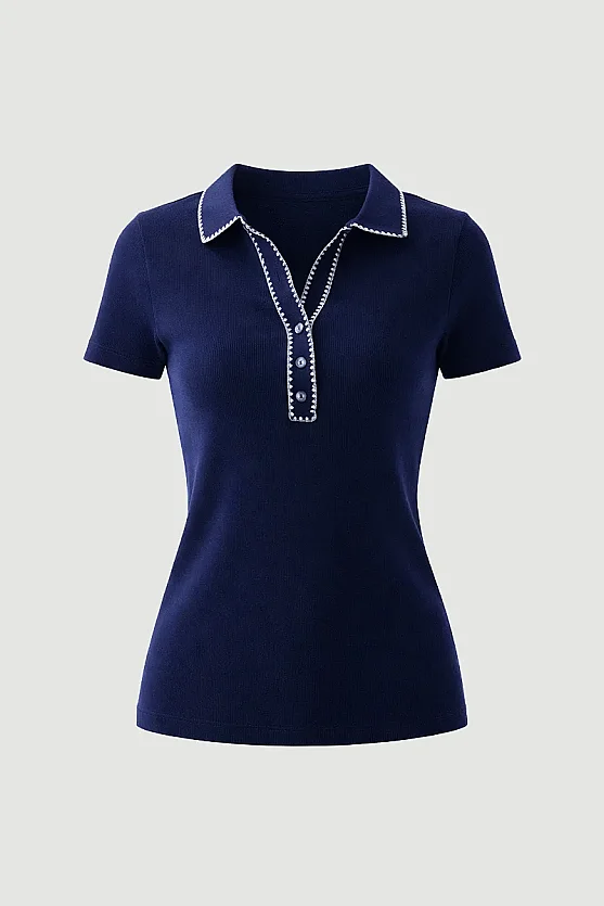 Polo Neck Embroidered Ribbed Cotton Blouse - Navy Blue - 7