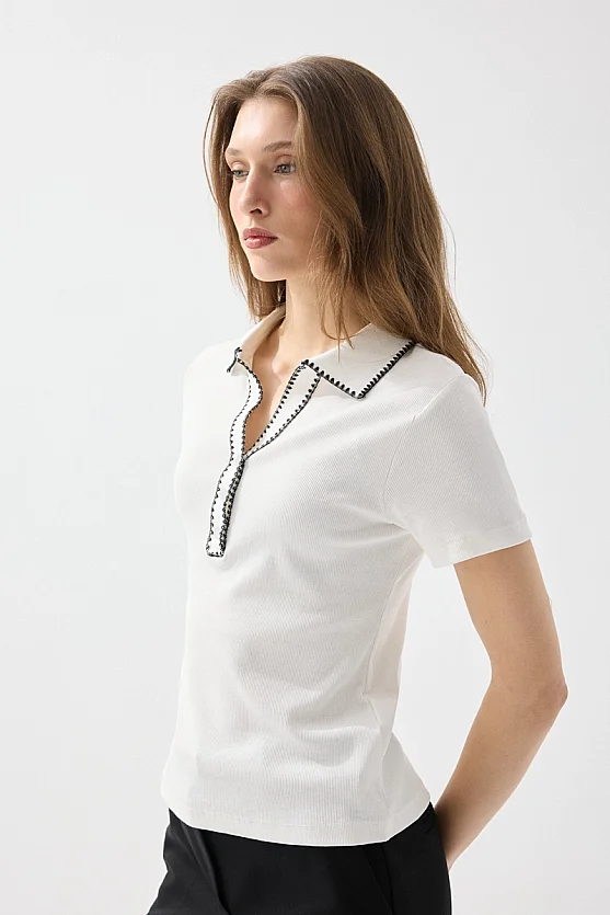 Polo Neck Embroidered Ribbed Cotton Blouse - White - 2
