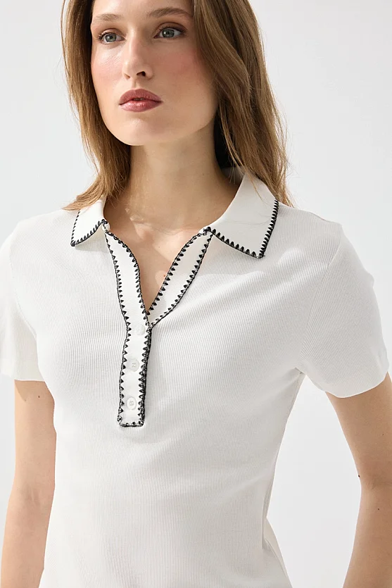 Polo Neck Embroidered Ribbed Cotton Blouse - White - 4