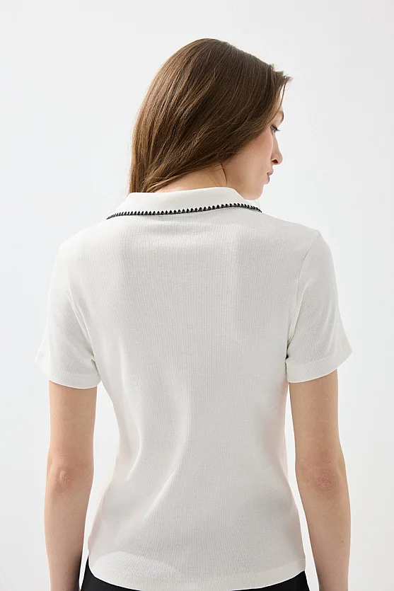 Polo Neck Embroidered Ribbed Cotton Blouse - White - 6