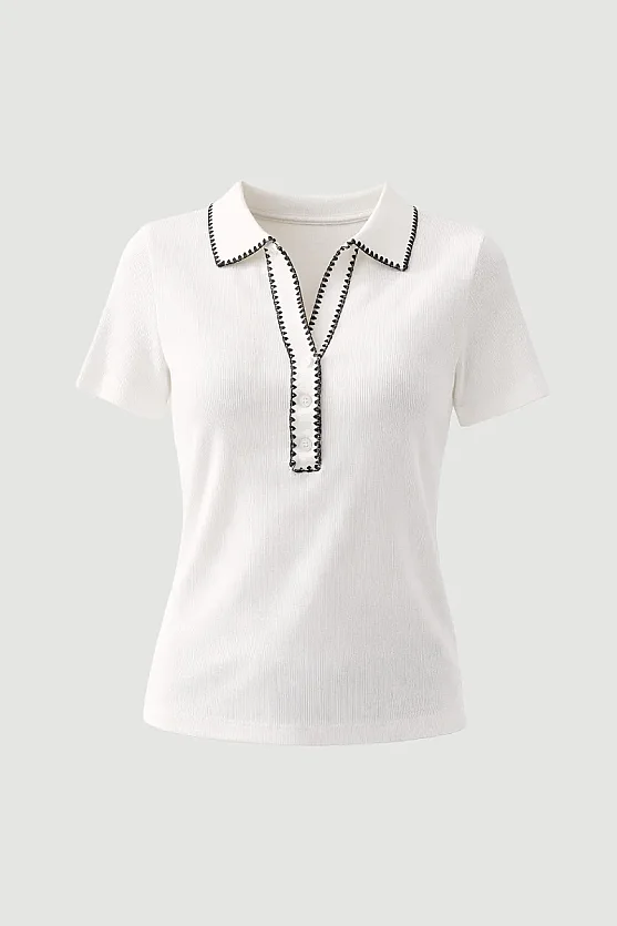 Polo Neck Embroidered Ribbed Cotton Blouse - White - 7