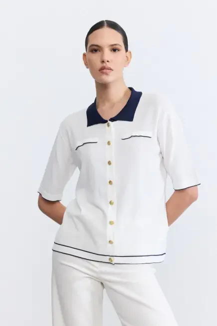 Polo Neck Mercerized Blouse - Ecru Ecru