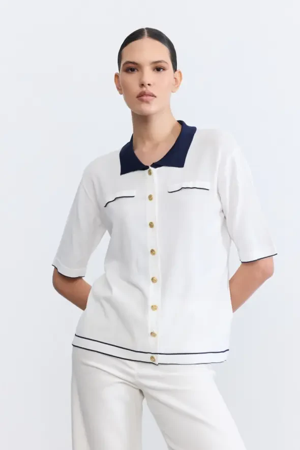 Polo Neck Mercerized Blouse - Ecru - 1