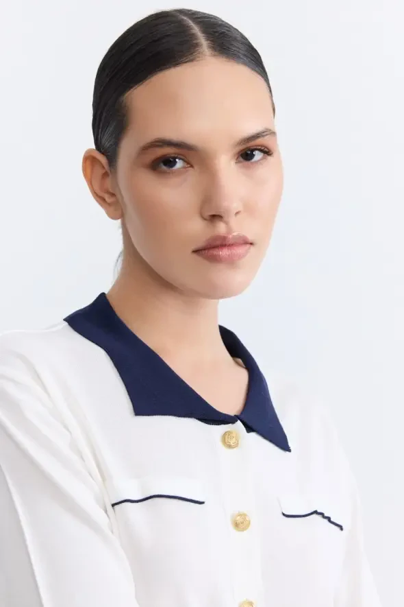 Polo Neck Mercerized Blouse - Ecru - 4