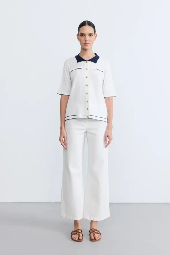 Polo Neck Mercerized Blouse - Ecru - 3