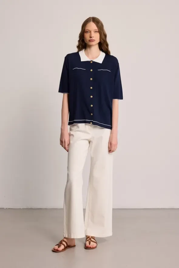 Polo Neck Mercerized Blouse - Navy Blue - 2