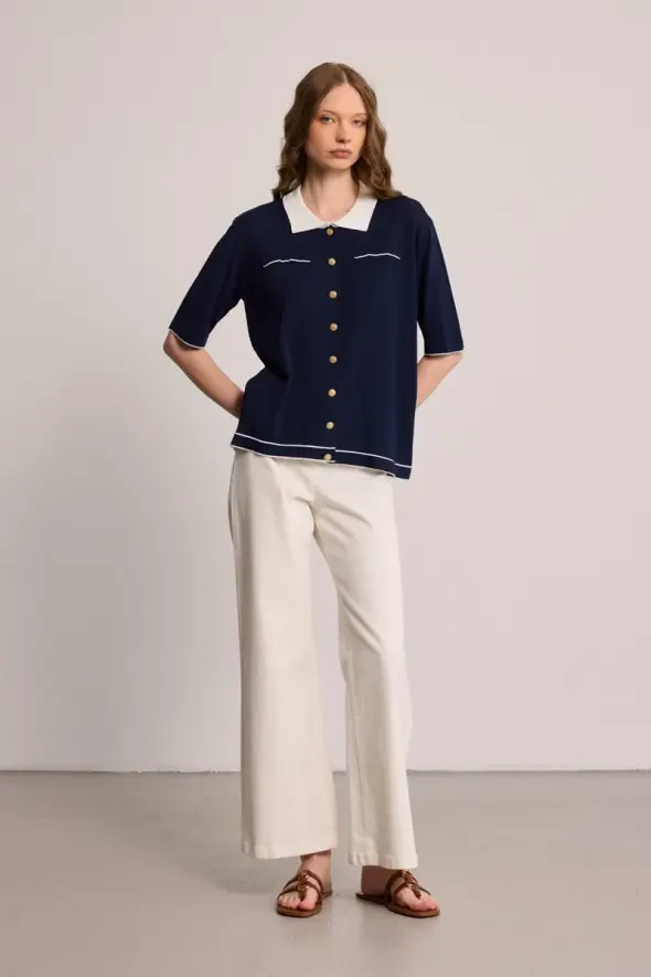 Polo Neck Mercerized Blouse - Navy Blue - 4