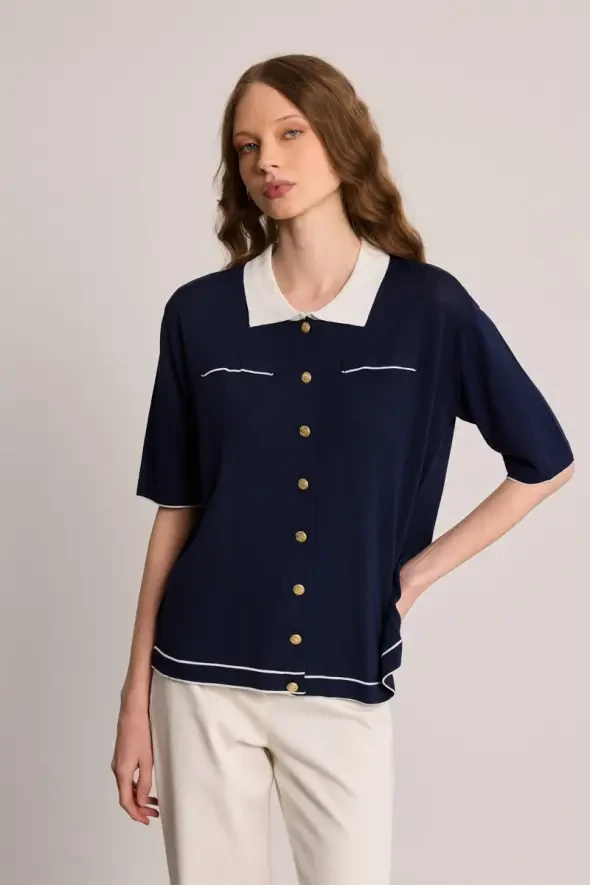 Polo Neck Mercerized Blouse - Navy Blue - 6