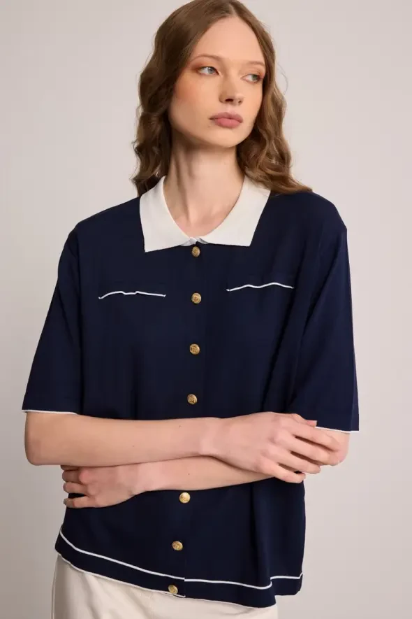 Polo Neck Mercerized Blouse - Navy Blue - 7