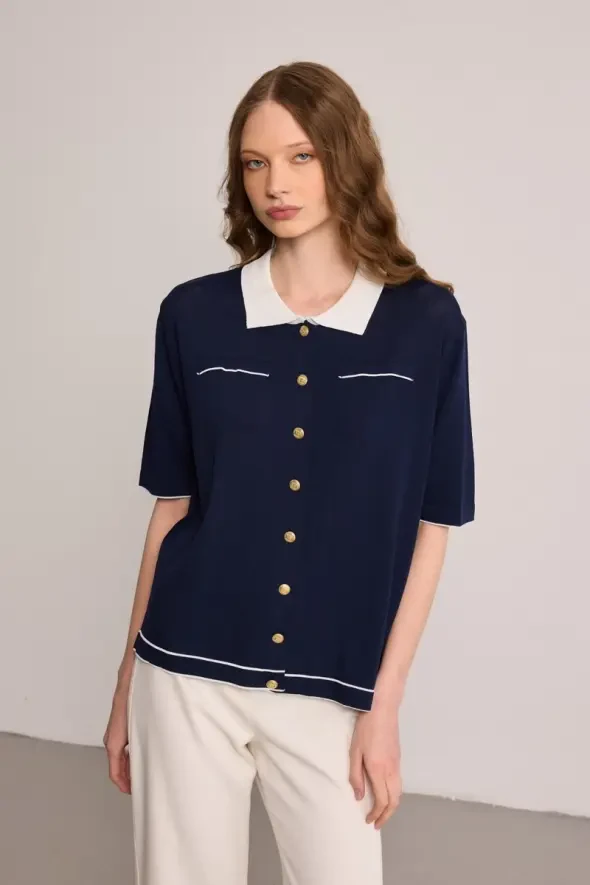 Polo Neck Mercerized Blouse - Navy Blue - 5