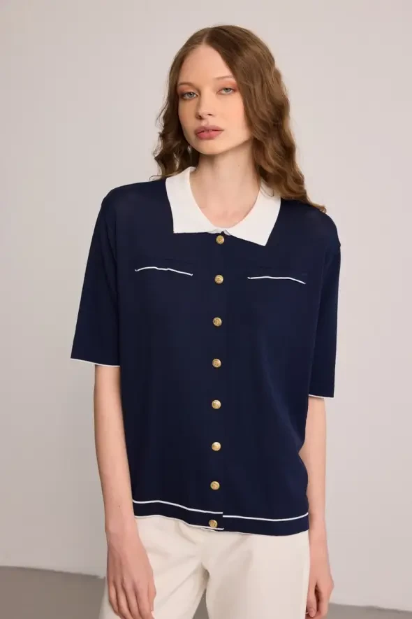 Polo Neck Mercerized Blouse - Navy Blue - 1
