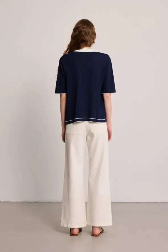 Polo Neck Mercerized Blouse - Navy Blue - 8