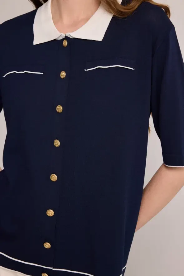 Polo Neck Mercerized Blouse - Navy Blue - 3
