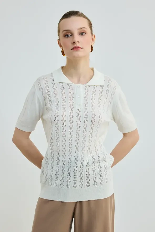 Polo Neck Openwork Short Sleeve Knit Blouse - Ecru - 1