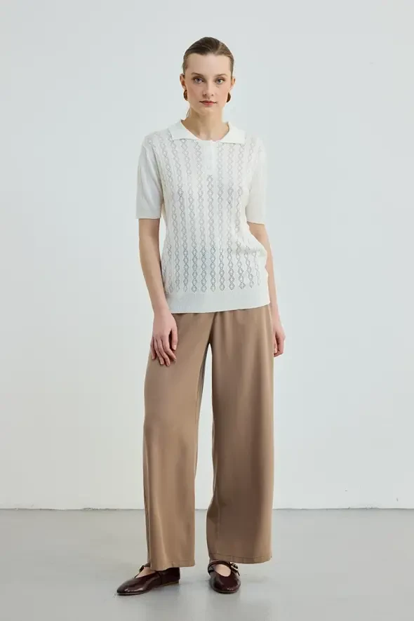 Polo Neck Openwork Short Sleeve Knit Blouse - Ecru - 2