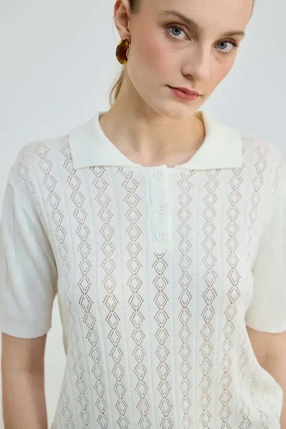Polo Neck Openwork Short Sleeve Knit Blouse - Ecru - 3