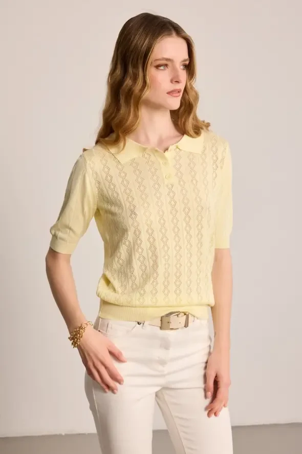 Polo Neck Openwork Short Sleeve Knit Blouse - Yellow - 1