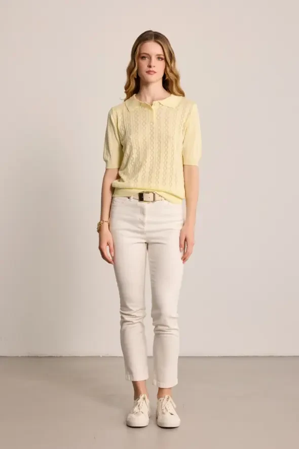 Polo Neck Openwork Short Sleeve Knit Blouse - Yellow - 2