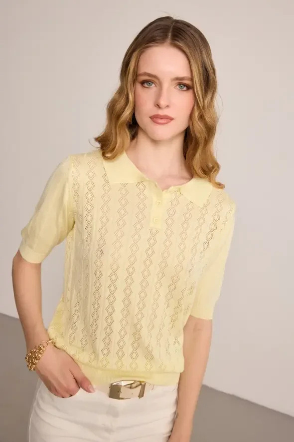 Polo Neck Openwork Short Sleeve Knit Blouse - Yellow - 3