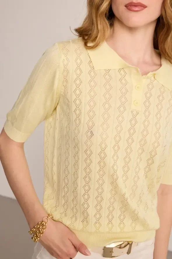 Polo Neck Openwork Short Sleeve Knit Blouse - Yellow - 4