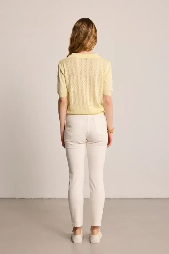 Polo Neck Openwork Short Sleeve Knit Blouse - Yellow - 5