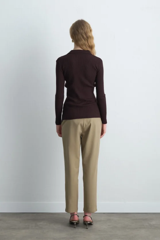 Polo Neck Ribbed Knit Blouse - Brown - 5