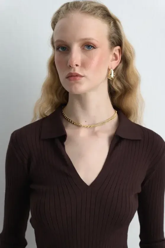 Polo Neck Ribbed Knit Blouse - Brown - 3