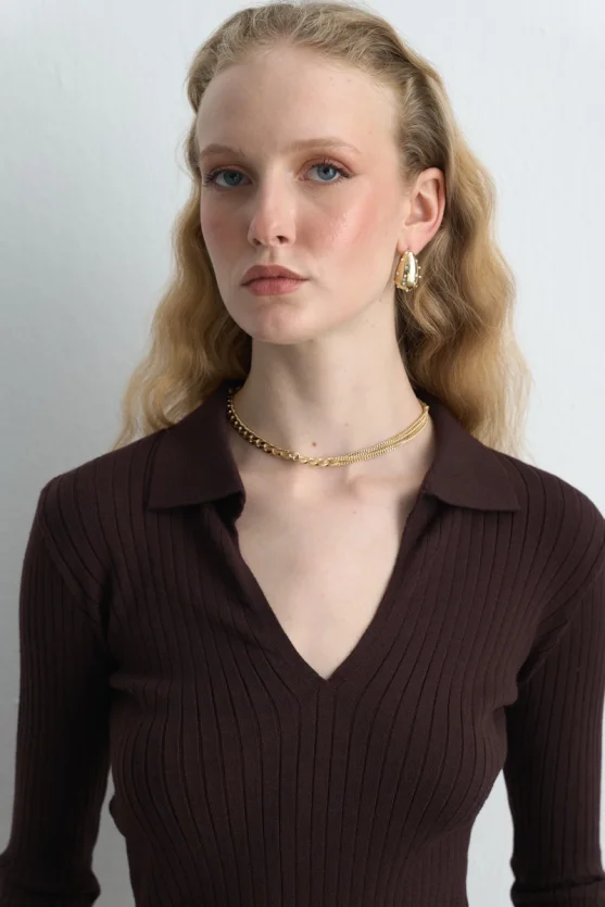 Polo Neck Ribbed Knit Blouse Brown - Gusto
