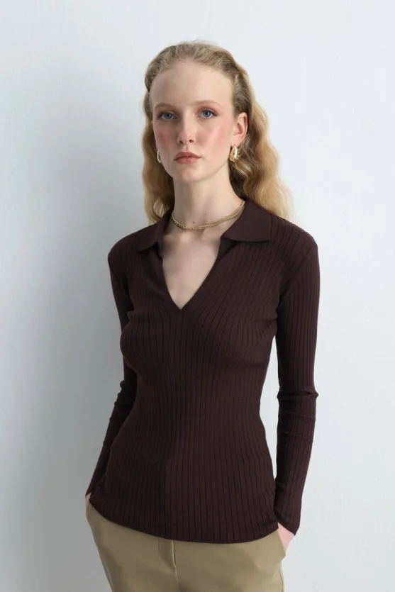 Polo Neck Ribbed Knit Blouse Brown - 1
