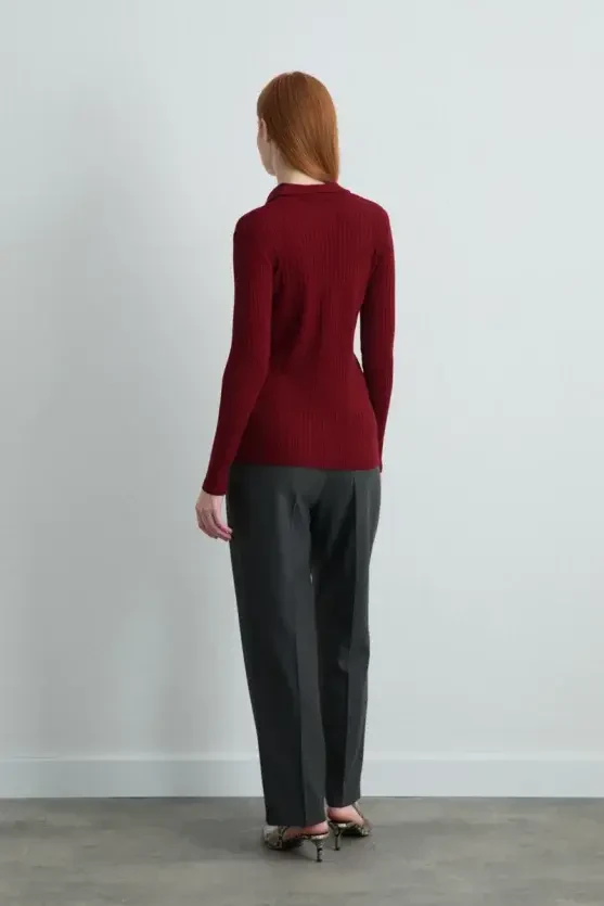 Polo Neck Ribbed Knit Blouse - Burgundy - 4