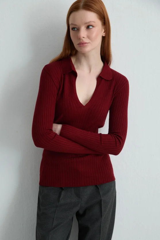 Polo Neck Ribbed Knit Blouse Burgundy - Gusto