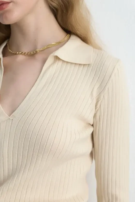 Polo Neck Ribbed Knit Blouse - Ecru - 4