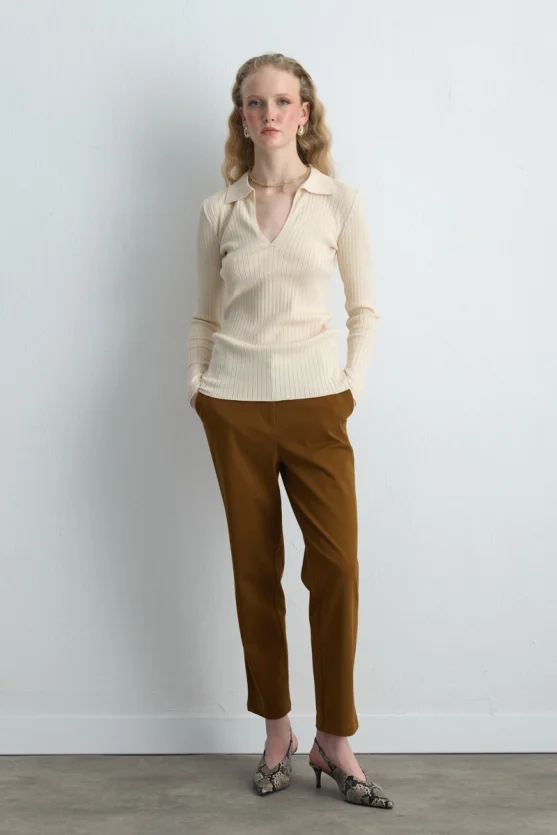 Polo Neck Ribbed Knit Blouse Ecru - 2