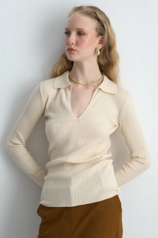 Polo Neck Ribbed Knit Blouse Ecru - 1