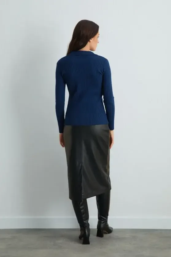 Polo Neck Ribbed Knit Blouse - Navy Blue - 5