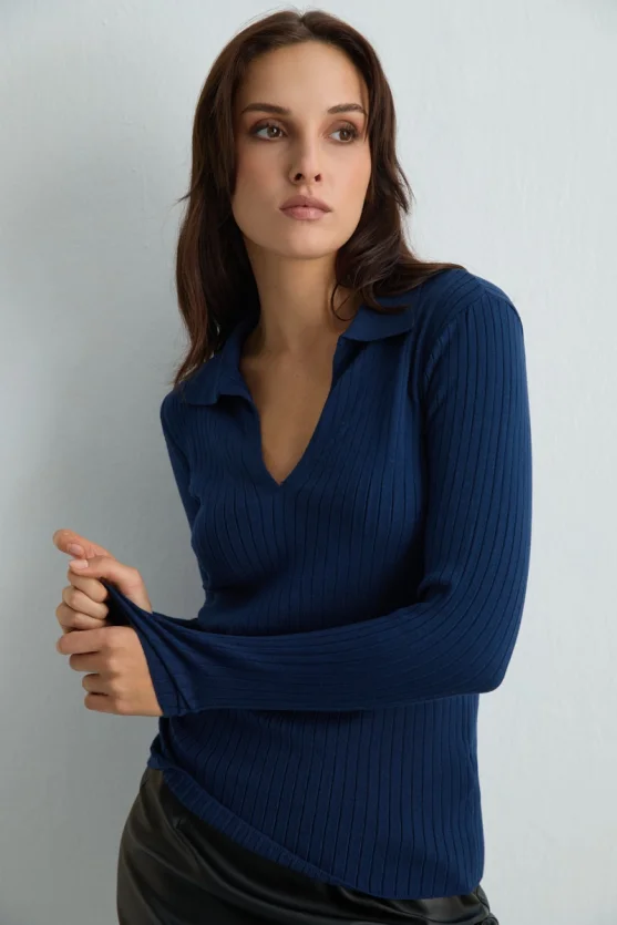 Polo Neck Ribbed Knit Blouse Navy Blue - 2