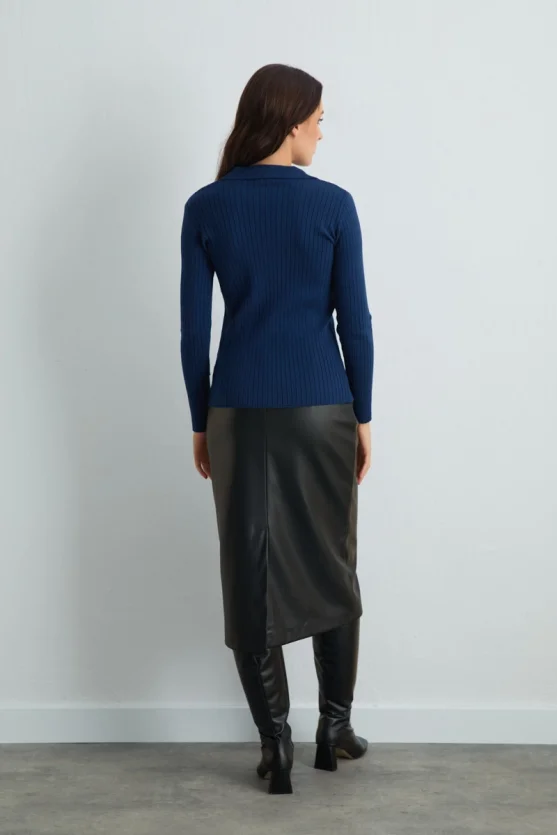 Polo Neck Ribbed Knit Blouse Navy Blue - Gusto