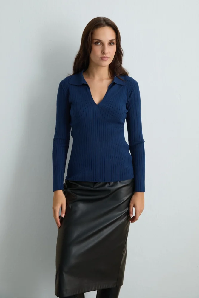 Polo Neck Ribbed Knit Blouse Navy Blue
