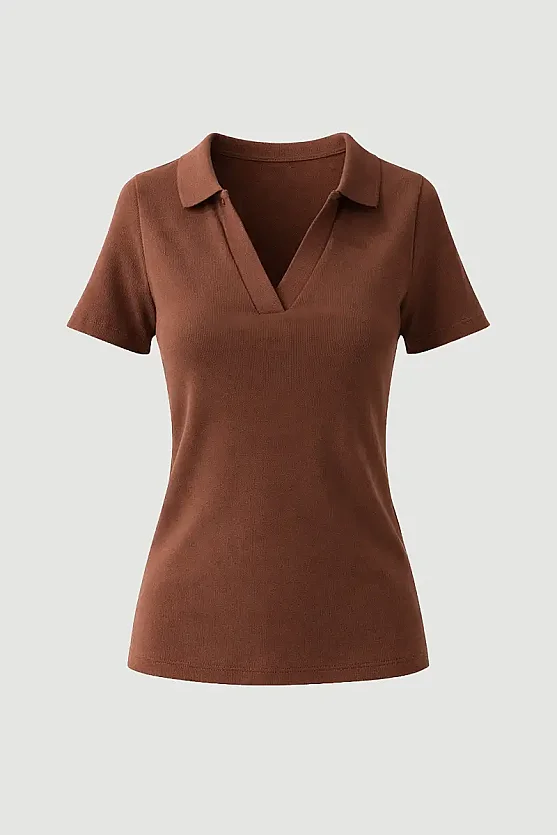 Polo Neck Ribbed T-Shirt - Brown - Gusto