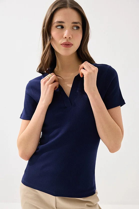 Polo Neck Ribbed T-Shirt - Navy Blue - Gusto